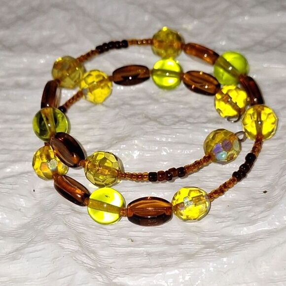 Amber Glass Memory Wire Wrap Bracelet AB Coated Fairycore Elegant Sparkly - Picture 2 of 7